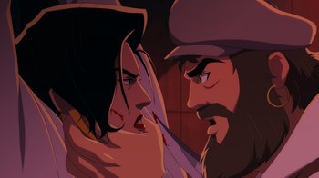 Movie still from “Mortal Kombat Legends: Cage Match” (2023), directed by Ethan Spaulding – An animated picture of a woman and a man; Extreme Close Up shot, Over the shoulder angle