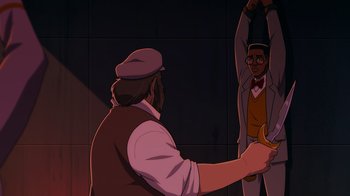 Movie still from “Mortal Kombat Legends: Cage Match” (2023), directed by Ethan Spaulding – An animated scene of a man holding a banana and another man hanging from a pole; Medium shot, Over the shoulder angle