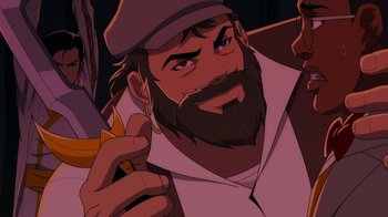 Movie still from “Mortal Kombat Legends: Cage Match” (2023), directed by Ethan Spaulding – An animated man with a beard is holding a piece of food; Close Up shot, Low angle