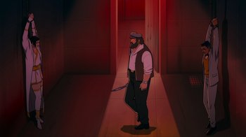 Movie still from “Mortal Kombat Legends: Cage Match” (2023), directed by Ethan Spaulding – An animated man holding a sword in a hallway; Wide shot, High angle