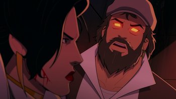 Movie still from “Mortal Kombat Legends: Cage Match” (2023), directed by Ethan Spaulding – An animated scene of a man and a woman; Close Up shot, Over the shoulder angle