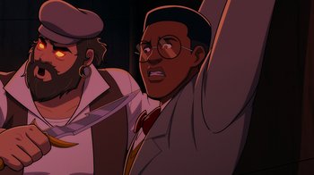 Movie still from “Mortal Kombat Legends: Cage Match” (2023), directed by Ethan Spaulding – An animated man in a white suit raising his arm; Medium shot, Over the shoulder angle