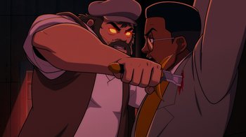 Movie still from “Mortal Kombat Legends: Cage Match” (2023), directed by Ethan Spaulding – A cartoon of a man holding a knife and another man is holding a knife; Medium shot, Over the shoulder angle