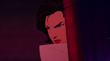 Movie still from “Mortal Kombat Legends: Cage Match” (2023), directed by Ethan Spaulding – A woman with red lipstick is looking over a pole; Close Up shot, Over the shoulder angle