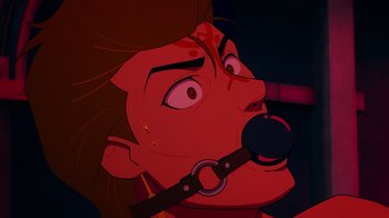 Movie still from “Mortal Kombat Legends: Cage Match” (2023), directed by Ethan Spaulding – A cartoon picture of a person with a ball gag; Extreme Close Up shot, Overhead angle