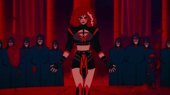 Movie still from “Mortal Kombat Legends: Cage Match” (2023), directed by Ethan Spaulding – A woman with red and black hair and a red outfit; Wide shot, Over the shoulder angle
