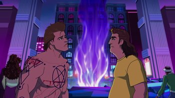 Movie still from “Mortal Kombat Legends: Cage Match” (2023), directed by Ethan Spaulding – Two men standing next to each other in front of a building; Medium shot, Over the shoulder angle