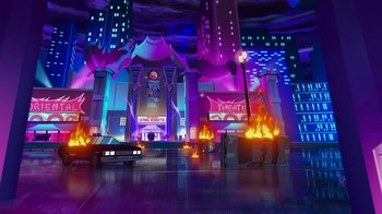 Movie still from “Mortal Kombat Legends: Cage Match” (2023), directed by Ethan Spaulding – An image of an animated movie set in a city setting; Extreme Wide shot, Low angle