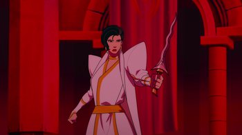 Movie still from “Mortal Kombat Legends: Cage Match” (2023), directed by Ethan Spaulding – A woman holding a sword in front of a red curtain; Medium shot, Over the shoulder angle