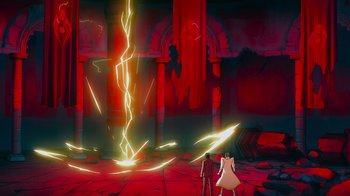 Movie still from “Mortal Kombat Legends: Cage Match” (2023), directed by Ethan Spaulding – Two people are standing in front of an electric strike; Extreme Wide shot, Low angle