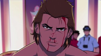 Movie still from “Mortal Kombat Legends: Cage Match” (2023), directed by Ethan Spaulding – A man with blood all over his face and chest; Close Up shot, Low angle