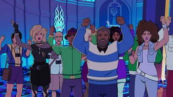 Movie still from “Mortal Kombat Legends: Cage Match” (2023), directed by Ethan Spaulding – A group of people standing in front of each other; Wide shot, High angle