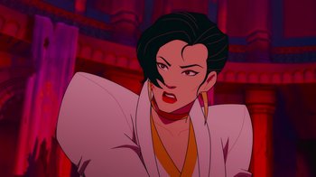 Movie still from “Mortal Kombat Legends: Cage Match” (2023), directed by Ethan Spaulding – A woman in a white robe is looking at the camera; Close Up shot, Over the shoulder angle