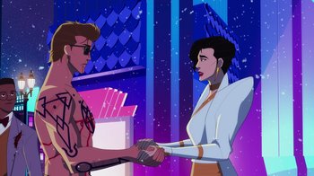 Movie still from “Mortal Kombat Legends: Cage Match” (2023), directed by Ethan Spaulding – A man and a woman shaking hands in front of a building; Medium shot, Over the shoulder angle