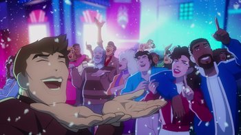 Movie still from “Mortal Kombat Legends: Cage Match” (2023), directed by Ethan Spaulding – A group of people in a room watching something; Medium shot, Over the shoulder angle