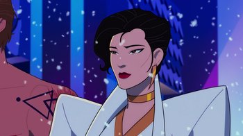 Movie still from “Mortal Kombat Legends: Cage Match” (2023), directed by Ethan Spaulding – A woman in a white jacket is standing in front of a building; Close Up shot, Over the shoulder angle