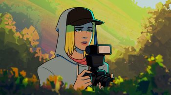 Movie still from “Mortal Kombat Legends: Cage Match” (2023), directed by Ethan Spaulding – An animated picture of a woman holding a video camera; Close Up shot, Low angle