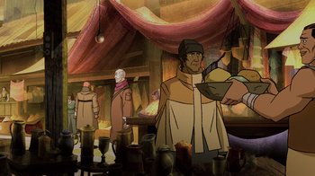 Movie still from “Mortal Kombat Legends: Snow Blind” (2022), directed by Rick Morales – An animated scene of a man holding a bowl of food; Medium shot, Over the shoulder angle