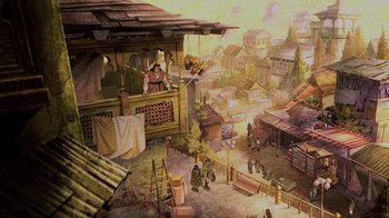 Movie still from “Mortal Kombat Legends: Snow Blind” (2022), directed by Rick Morales – An artist's rendering of an old town with a man standing on a balcony; Extreme Wide shot, High angle