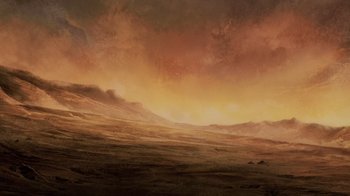 Movie still from “Mortal Kombat Legends: Snow Blind” (2022), directed by Rick Morales – An oil painting of a desert landscape at sunset; Extreme Wide shot, Low angle