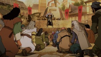 Movie still from “Mortal Kombat Legends: Snow Blind” (2022), directed by Rick Morales – A group of people sitting on the ground in front of a building; Wide shot, High angle