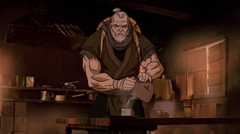 Movie still from “Mortal Kombat Legends: Snow Blind” (2022), directed by Rick Morales – An old man is holding a hammer in his hand; Medium shot, Low angle