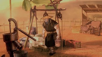 Movie still from “Mortal Kombat Legends: Snow Blind” (2022), directed by Rick Morales – An animated picture of a man with a hat on holding a bucket; Wide shot, High angle