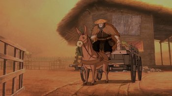 Movie still from “Mortal Kombat Legends: Snow Blind” (2022), directed by Rick Morales – An animated picture of a man riding a donkey; Wide shot, High angle