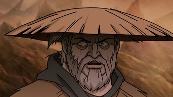 Movie still from “Mortal Kombat Legends: Snow Blind” (2022), directed by Rick Morales – An animated picture of a man wearing a hat; Close Up shot, Low angle