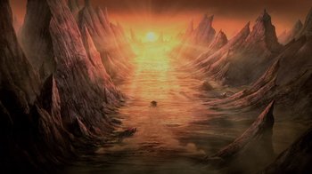 Movie still from “Mortal Kombat Legends: Snow Blind” (2022), directed by Rick Morales – An image of an ocean with a sunset in the background; Extreme Wide shot, High angle