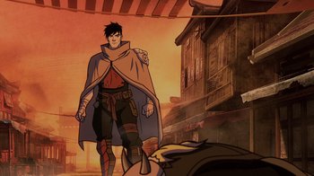 Movie still from “Mortal Kombat Legends: Snow Blind” (2022), directed by Rick Morales – An animated picture of a man with a cape; Wide shot, Over the shoulder angle