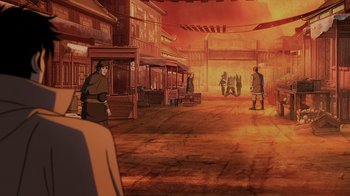 Movie still from “Mortal Kombat Legends: Snow Blind” (2022), directed by Rick Morales – An illustration of a street scene with people walking around; Extreme Wide shot, High angle