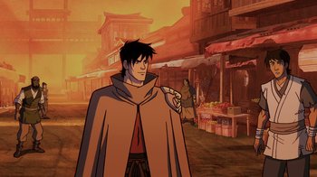 Movie still from “Mortal Kombat Legends: Snow Blind” (2022), directed by Rick Morales – An animated picture of a man pointing at a market; Medium shot, Over the shoulder angle