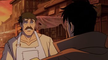 Movie still from “Mortal Kombat Legends: Snow Blind” (2022), directed by Rick Morales – A man and a boy are sitting in front of each other; Close Up shot, Over the shoulder angle