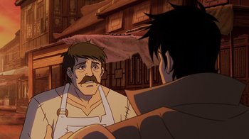 Movie still from “Mortal Kombat Legends: Snow Blind” (2022), directed by Rick Morales – An animated scene of a man with a mustache; Close Up shot, Over the shoulder angle