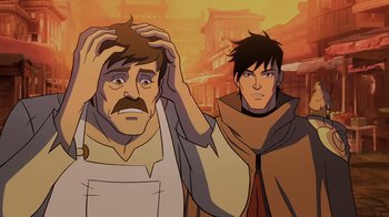 Movie still from “Mortal Kombat Legends: Snow Blind” (2022), directed by Rick Morales – A cartoon of two men standing next to each other; Close Up shot, Over the shoulder angle