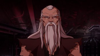Movie still from “Mortal Kombat Legends: Snow Blind” (2022), directed by Rick Morales – An old man with long white hair and a long beard; Close Up shot, Low angle