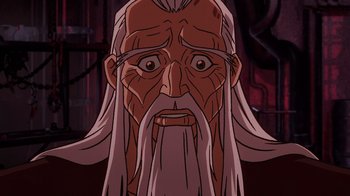 Movie still from “Mortal Kombat Legends: Snow Blind” (2022), directed by Rick Morales – An old man with long white hair and a long beard; Close Up shot, Low angle