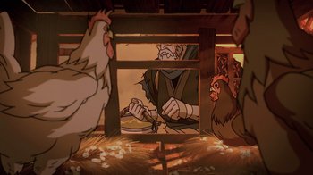 Movie still from “Mortal Kombat Legends: Snow Blind” (2022), directed by Rick Morales – An animated scene of a man working with a chicken; Wide shot, High angle
