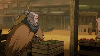 Movie still from “Mortal Kombat Legends: Snow Blind” (2022), directed by Rick Morales – An old man standing next to a wooden box; Medium shot, Over the shoulder angle