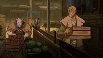 Movie still from “Mortal Kombat Legends: Snow Blind” (2022), directed by Rick Morales – An animated scene of a man holding a box of fruit; Medium shot, Over the shoulder angle