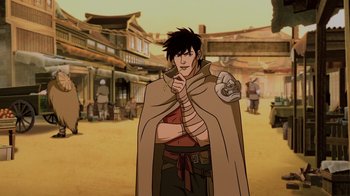 Movie still from “Mortal Kombat Legends: Snow Blind” (2022), directed by Rick Morales – An animated character is standing in the middle of a western town; Medium shot, Over the shoulder angle
