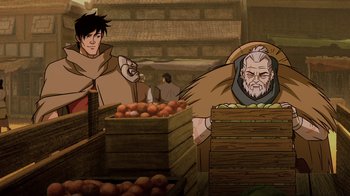 Movie still from “Mortal Kombat Legends: Snow Blind” (2022), directed by Rick Morales – An animated scene of a man with a beard and a man with a beard; Medium shot, Over the shoulder angle