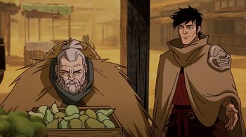 Movie still from “Mortal Kombat Legends: Snow Blind” (2022), directed by Rick Morales – An old man and a young man standing next to a crate of fruit; Medium shot, Over the shoulder angle