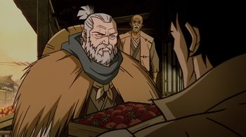 Movie still from “Mortal Kombat Legends: Snow Blind” (2022), directed by Rick Morales – An old man is looking at a box of tomatoes in front of him; Medium shot, Over the shoulder angle