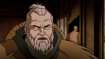 Movie still from “Mortal Kombat Legends: Snow Blind” (2022), directed by Rick Morales – An old man with a long white beard; Close Up shot, Over the shoulder angle