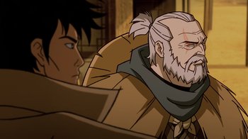 Movie still from “Mortal Kombat Legends: Snow Blind” (2022), directed by Rick Morales – An old man with a long gray beard is looking at a young man; Close Up shot, Over the shoulder angle