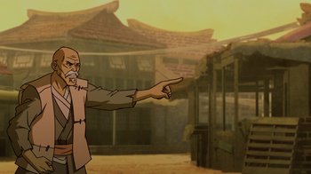 Movie still from “Mortal Kombat Legends: Snow Blind” (2022), directed by Rick Morales – An old man pointing to something in the distance; Medium shot, Low angle