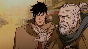 Movie still from “Mortal Kombat Legends: Snow Blind” (2022), directed by Rick Morales – A man and an old man are standing next to each other; Close Up shot, Over the shoulder angle