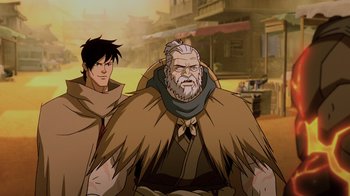 Movie still from “Mortal Kombat Legends: Snow Blind” (2022), directed by Rick Morales – An old man with a beard and a young man; Medium shot, Over the shoulder angle